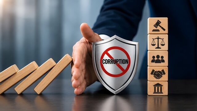 Businessman hand stopping falling dominoes with anti corruption shield and legal justice icons on wooden blocks