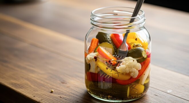 Delicious pickled vegetables in jar.