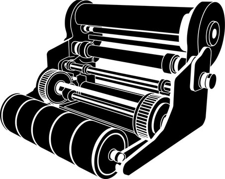 Printing machine rollers and gears, industrial equipment for paper processing.