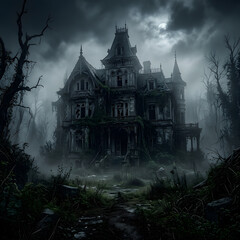 Obraz premium Haunting gothic castle shrouded in dense fog.