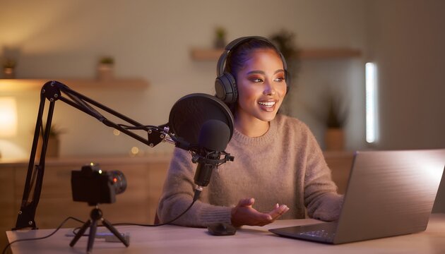 Mujer joven grabando un p&oacute;dcast con micr&oacute;fono, auriculares y ordenador port&aacute;til en un estudio dom&eacute;stico