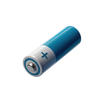 Blue and white cylindrical alkaline battery isolated on a transparent background