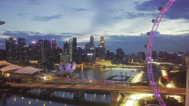 Horizontal Aerial View of Singapore Marina Bay Skyline at Twilight