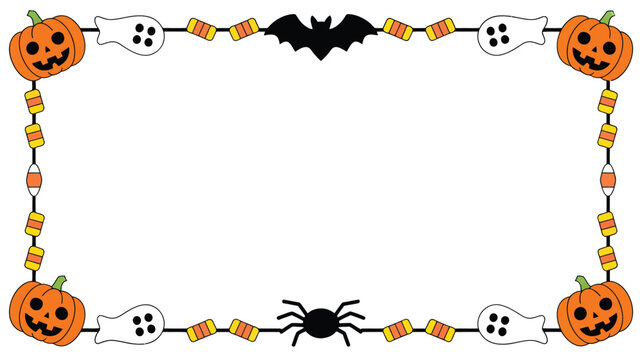 Cartoon style Halloween frame featuring jack o lanterns, ghosts, a bat, spider, and sweet candy corn
