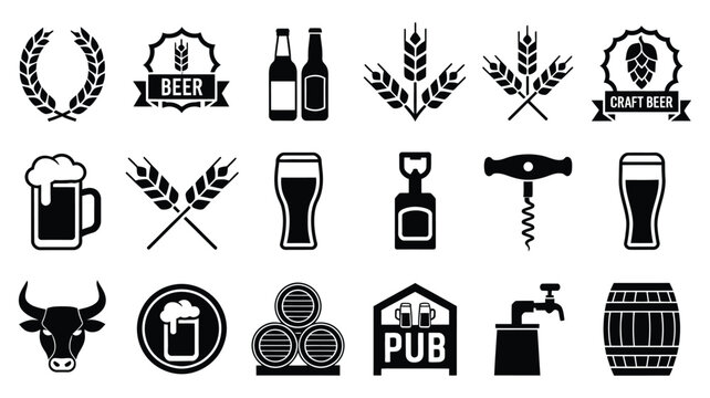 Craft Beer Icon Collection Featuring Bottles Mugs Hops Wheat Barrels and Pub Symbols in Vintage Black Vector Illustration Set