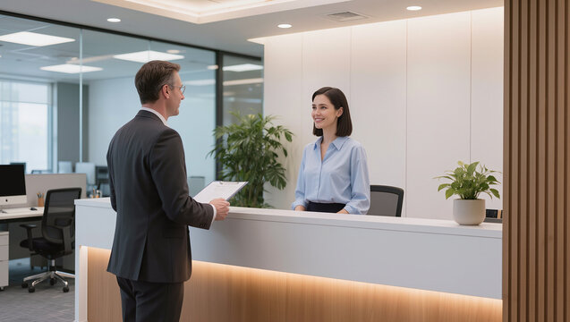 Business professional interacting with smiling receptionist at modern office reception desk.