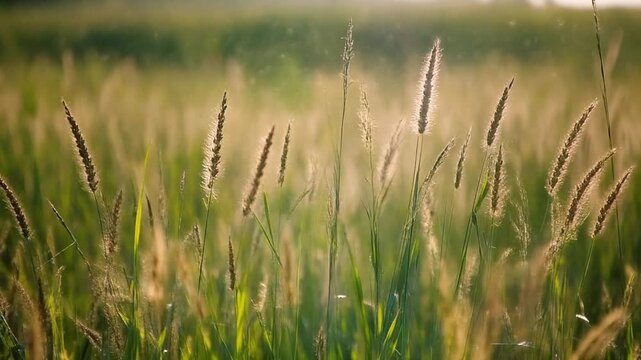 Wind Pollination and Fertilization Process of Wild Grasses in a Sunny Grassland Meadow during the Golden Hour Summer Season