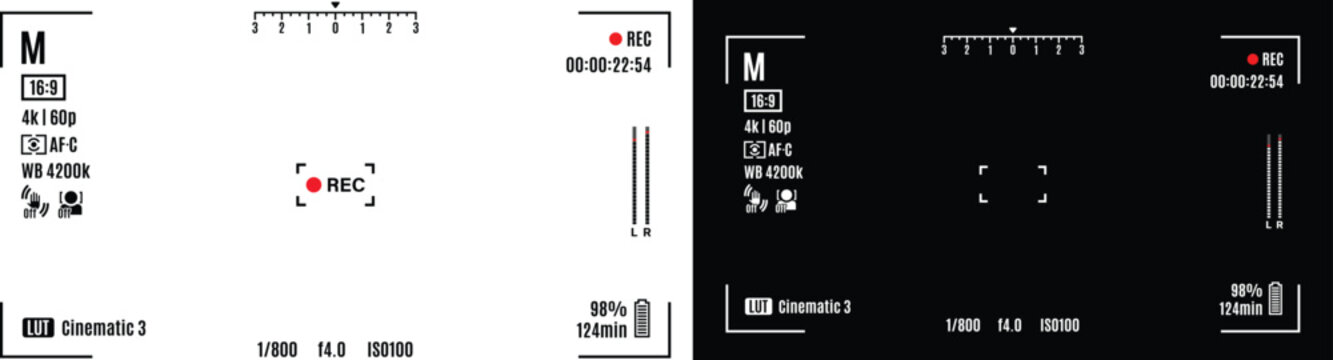 Camera viewfinder recording screen with transparent grid, video camera interface with black background, vector.