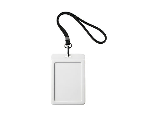 White plastic id badge holder with black lanyard isolated on transparent background for corporate identity display