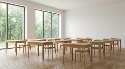 Fototapeta premium Empty classroom with natural light and wood furniture