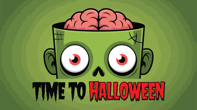 Cartoon zombie head with exposed brain and Time to Halloween text
