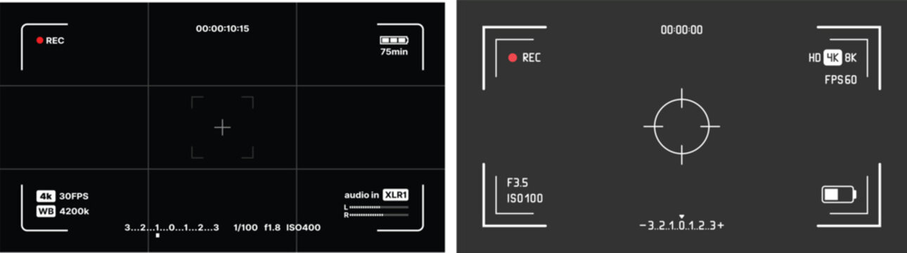 Camera recording viewfinder screen with grid and settings on black and gray backgrounds, video camera interface.