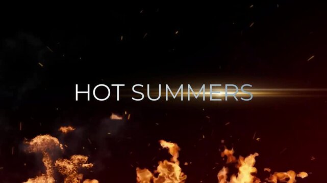 Hot summers text overlay with floating embers elegant, flames floating