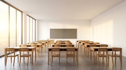 Fototapeta premium Empty classroom with rows of desks and large windows with natural light