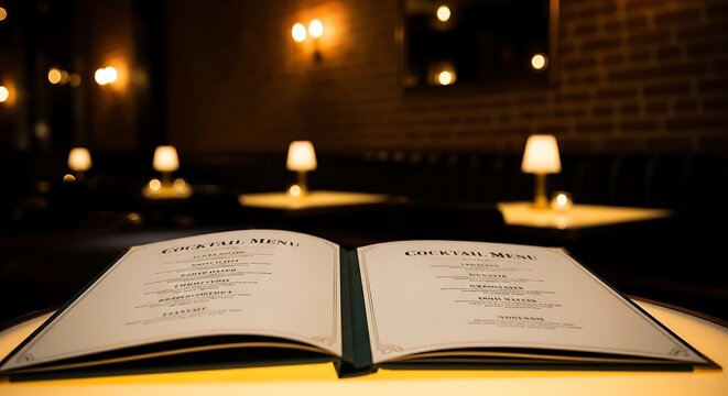 Open restaurant menu on a table with dim lighting