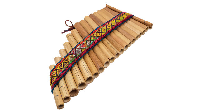 Traditional old wooden pan flute wind musical instrument isolated on a transparent background