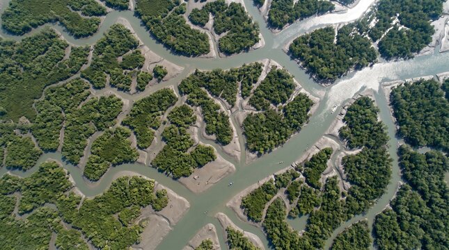 Aerial Top Down View of Mangrove Channels in Sundarbans