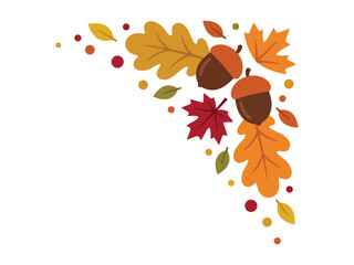 Autumn leaves and acorn corner border decoration with colorful fall foliage and berries © azad