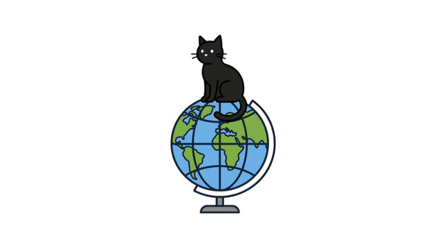Black cat sitting on globe, world map illustration, globe icon, feline vector