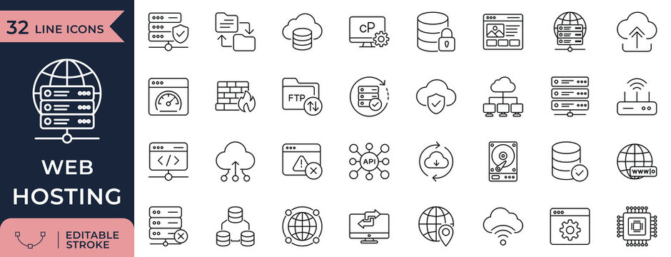 Web Hosting line icon set for Cloud Server, Database, FTP, and Network Security. Editable stroke.
