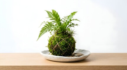 Fototapeta premium Kokedama Plant Sphagnum Moss Ball, Green Ferns & Air Plant, Unique Japanese Garden Decor