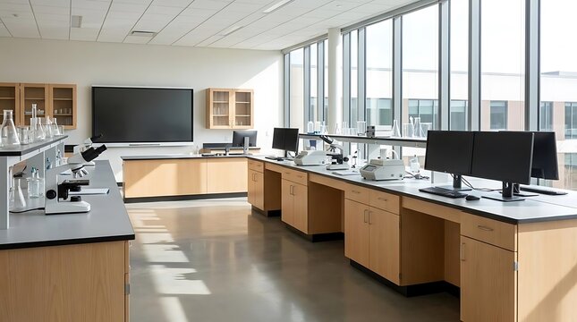 Modern science laboratory with equipment and natural light