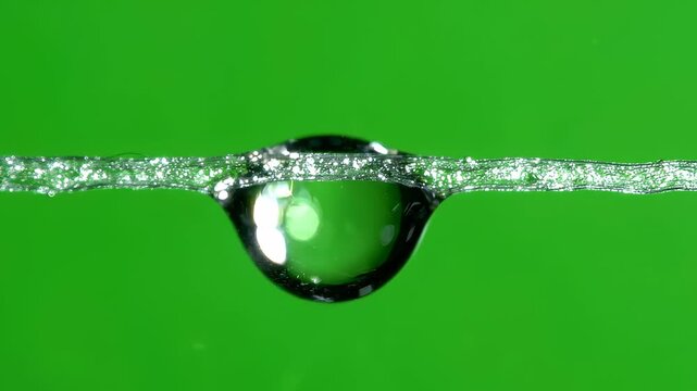Macro shot of a water drop hanging from a thin string against a vibrant green screen background. High detail nature photography of liquid tension and surface physics in a studio setting.