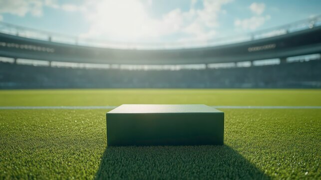 Empty soccer or cricket or football stadium with a green presentation podium in the foreground. Ideal for sports event promotion, award ceremonies, or stadium imagery.