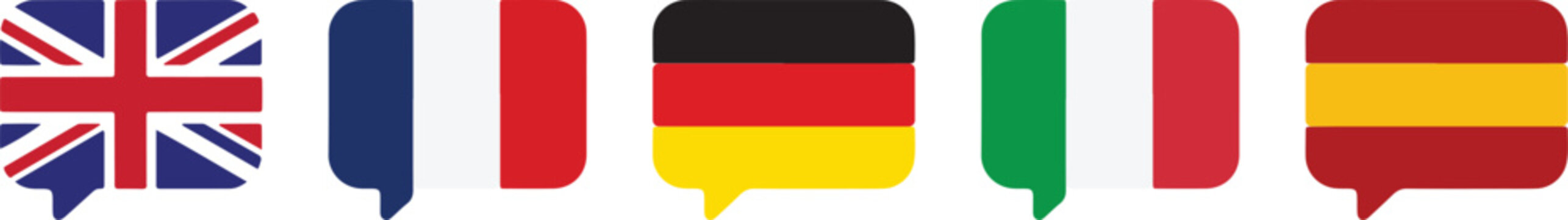 Five colorful speech bubbles featuring national flags representing international communication and global language diversity in a clean flat vector style