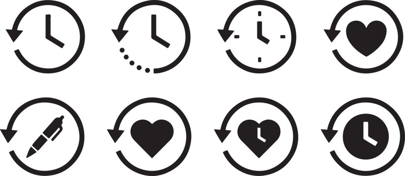 Set of eight black history clock and heart icons isolated on a white background for modern digital interface design usage