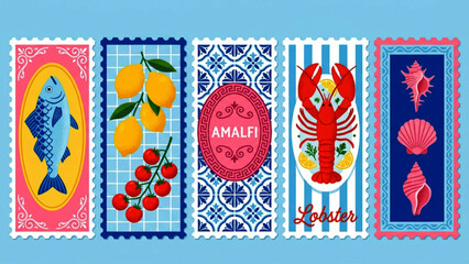 Set of vintage style postage stamps featuring Amalfi coastal themes with fish lemons tomatoes and seashells isolated on a light blue background for travel and food design projects. © SWEET