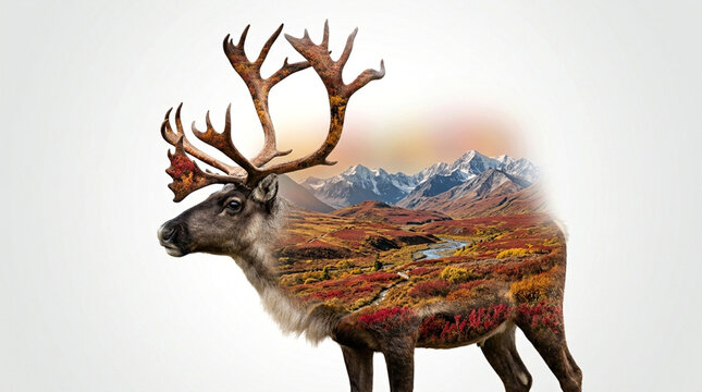 Double exposure silhouette of a reindeer with mountain valley landscape