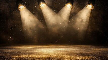 Four spotlights illuminate a shimmering gold stage, creating a dramatic and glamorous atmosphere. Perfect for awards ceremonies, concerts, theater productions, or any project needing a touch