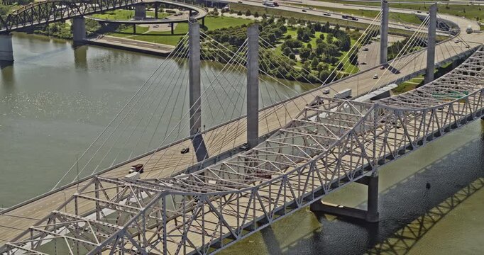 Louisville Kentucky Aerial v16 birds eye view tracking shot covering Kennedy and Lincoln memorial bridge in parallel connecting to complex interweaving interchange - Inspire 2, X7 camera - August 2020