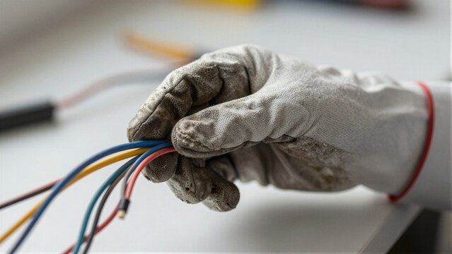 Close-up of a gloved hand holding colored network cables during installation, showcasing detailed work on structured cabling.
