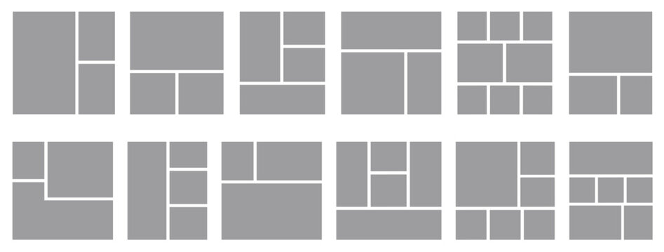 Collection of twelve grey grid layouts for photo collages or mood boards, featuring various arrangements of rectangular and square frames in a clean, minimalist design