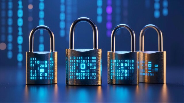 Three metallic padlocks with glowing blue digital code on their bodies, set against a soft focus background of cascading binary digits.