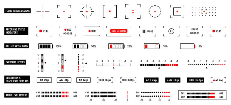 Set of camera viewfinder interface elements with focus reticles, recording status, battery icons, exposure and audio meters, presented in a clean, flat graphic design