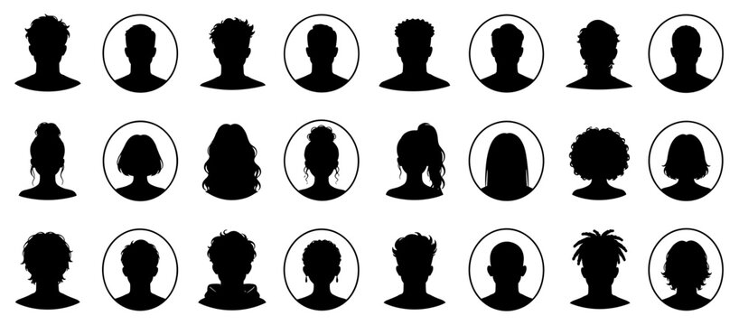 Collection of black head and shoulder silhouettes of diverse men and women with various hairstyles, presented as anonymous profile avatars and circular user icons