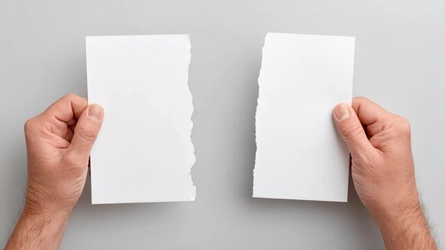 Close-up of adult hands holding a piece of white paper torn neatly down the middle on a gray background for concept or design