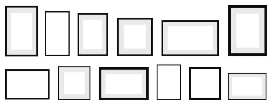 Collection of various blank picture frames with black borders and light gray mats, arranged in two rows