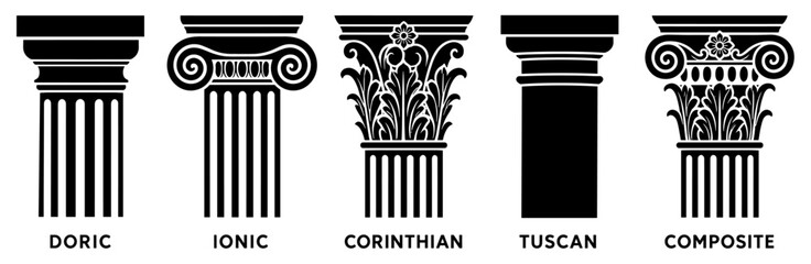 Fototapeta na wymiar Five classical architectural column orders including Doric, Ionic, Corinthian, Tuscan, and Composite shown as a black silhouette icon set for educational or historical design