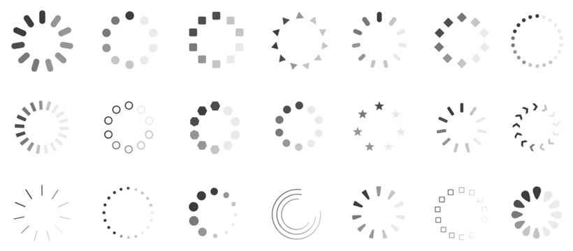 Large set of monochrome loading icons and circular progress indicators for user interface design, showing various styles like dots, bars, and stars to indicate waiting or buffering