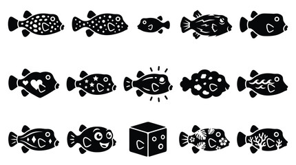 Collection of stylized black and white illustrations of various pufferfish and a cube with a letter C. © yuanita