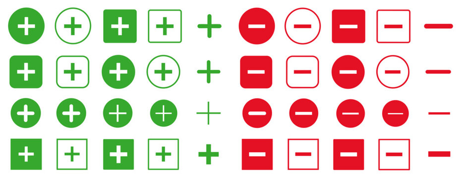 Collection of green plus and red minus icons in various styles for user interface design, including circles, squares, solid, and outline shapes representing addition and subtraction