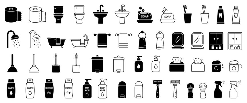 Large set of bathroom and hygiene icons in solid black and outline styles, including toilet, shower, soap, and shampoo, isolated on a white background for easy use