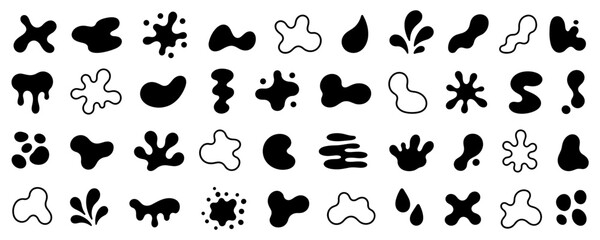 Fototapeta premium Large collection of black abstract liquid shapes, featuring various hand-drawn blobs, splatters, drips, and drops in both solid and outline graphic styles