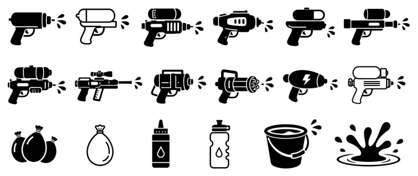 Collection of black water fight icons showing various squirt guns, pistols, blasters, water balloons, a bucket, and a splash, presented in a simple graphic vector style