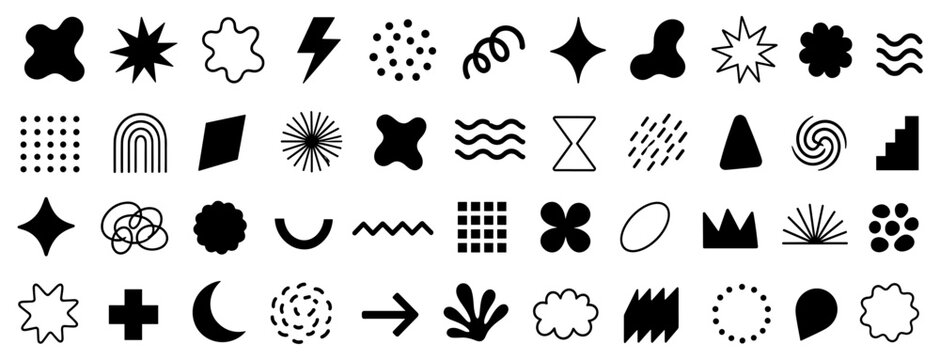 Large collection of black abstract shapes and geometric figures arranged in a modern minimalist set, featuring stars, blobs, waves, and other simple graphic design elements