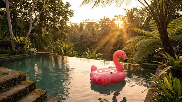 A stunning tropical setting unfolds at dusk as a pink flamingo float drifts gently in a shimmering pool. Lush foliage surrounds the water, bathed in warm, golden sunlight.